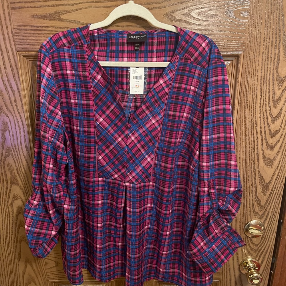 NWT Lane bryant 22/24 Pink and blue plaid blouse.